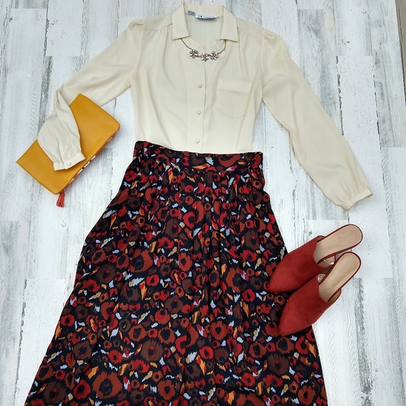 Vintage Dresses & Skirts - Vintage 80s Abstract Print Fall Midi Skirt